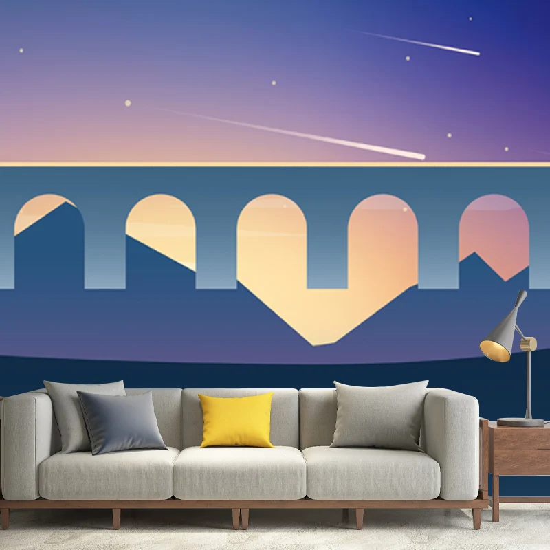 Lila-blaues Wildkaktus-Wandbild, Meteor-Nachthimmel, nordisches, wasserdichtes Wanddekor für Schlafzimmer Clearhalo