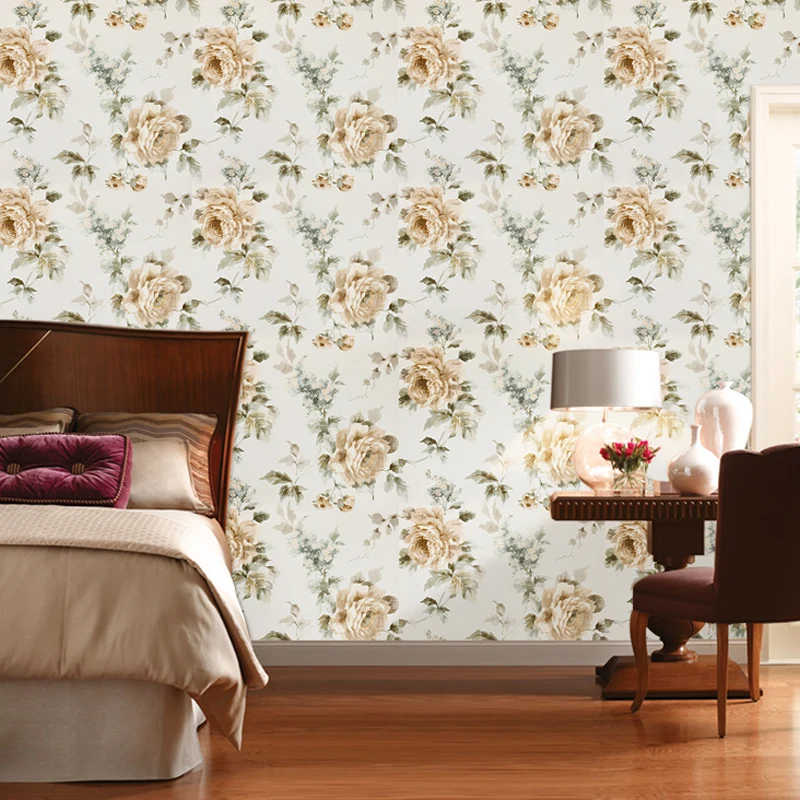 Ländliche blühende Pfingstrosen-Tapete, Papierdruck, feuchtigkeitsbeständig, beige Wandkunst für Zuhause Clearhalo