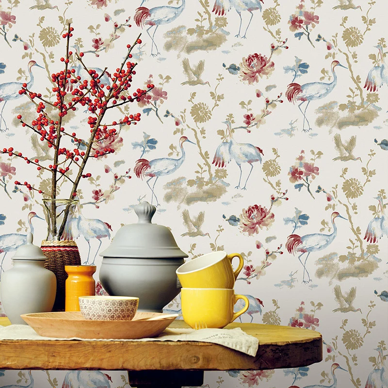 Ländliche Vogel- und Blumentapetenrolle für Zuhause, 33' x 20,5" Wandverkleidung natürlichen Farben Clearhalo