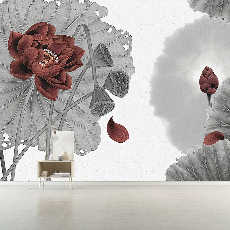 Lotus Print Murals Tapete Grau und Rot Wandverkleidung im asiatischen Stil für die Schlafzimmerdekoration Clearhalo