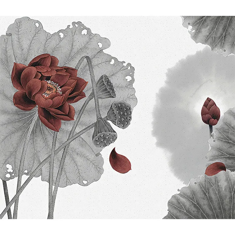 Lotus Print Murals Tapete Grau und Rot Wandverkleidung im asiatischen Stil für die Schlafzimmerdekoration Clearhalo