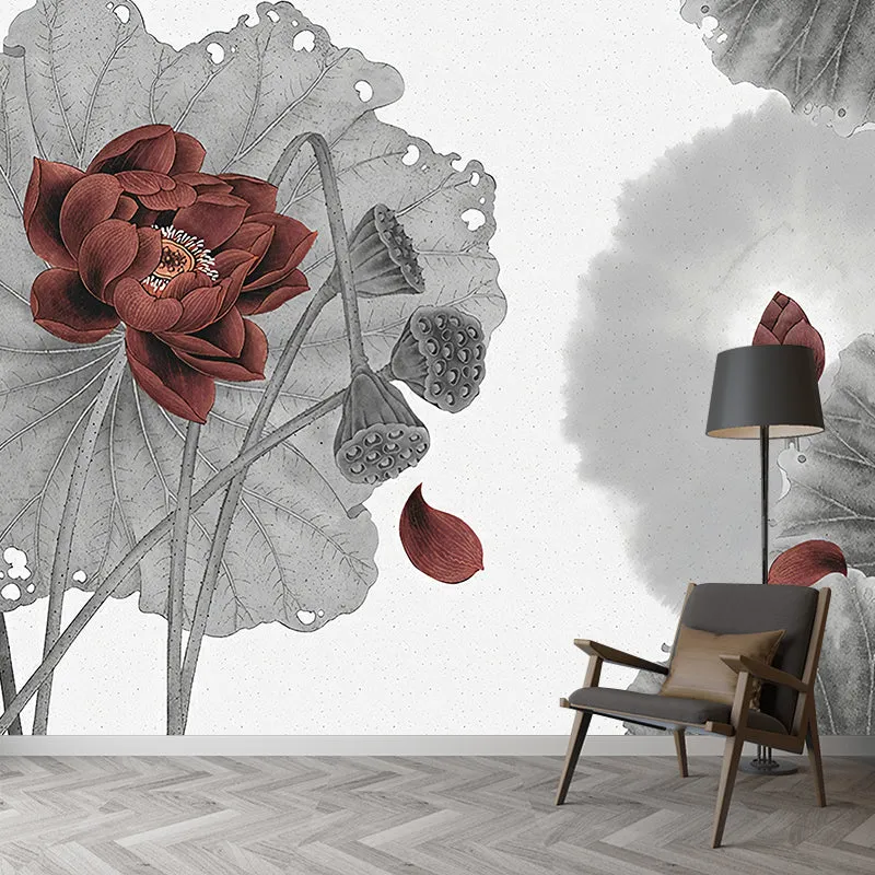 Lotus Print Murals Tapete Grau und Rot Wandverkleidung im asiatischen Stil für die Schlafzimmerdekoration Clearhalo