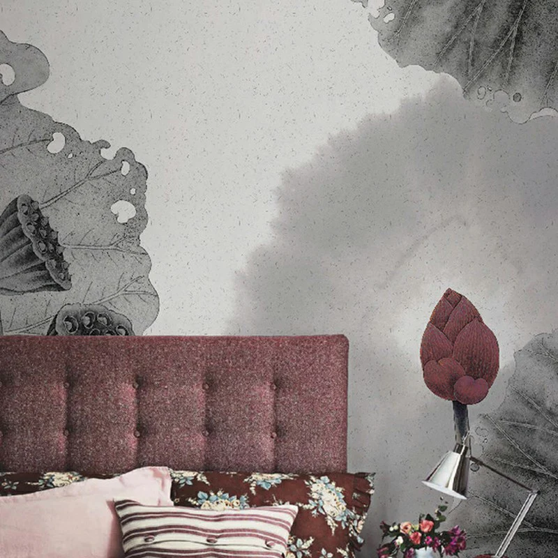Lotus Print Murals Tapete Grau und Rot Wandverkleidung im asiatischen Stil für die Schlafzimmerdekoration Clearhalo