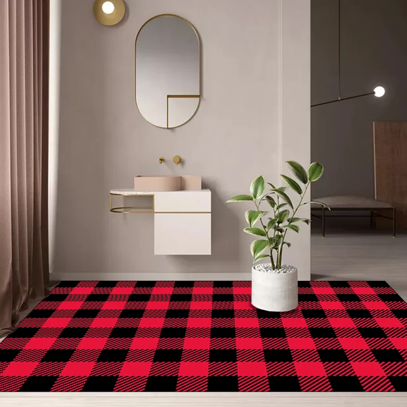 Lässiger, moderner Teppich mit rotem Karo-Streifenmuster, Polyester, haustierfreundlich, rutschfester Teppich für Heimdeko...