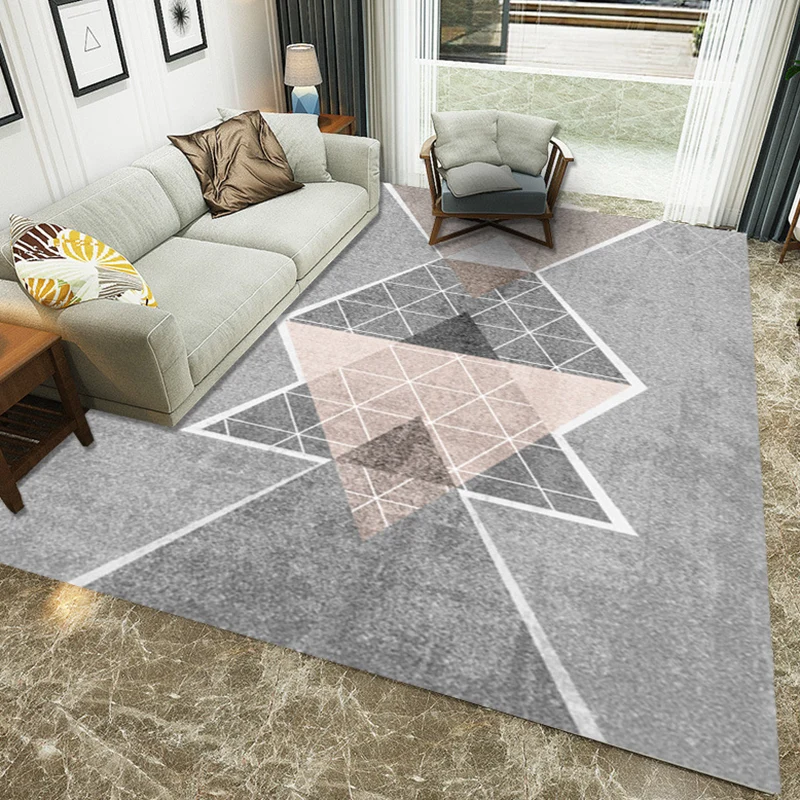 Lässiger Teppich mit geometrischem Farbblock-Druck, rosa und grauer Polyester-Teppich, waschbarer Teppich für Schlafzimmer...