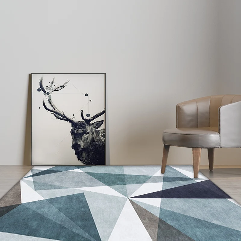 Lässiger Teppich mit geometrischem Muster, blauer Polyester-Teppich, waschbar, haustierfreundlich, rutschfester Teppich fü...