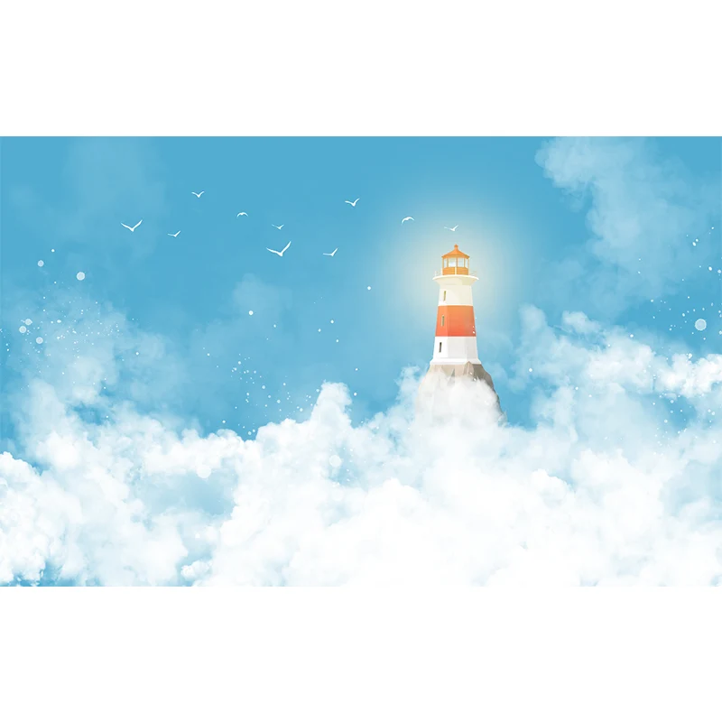 Maßgeschneiderte Illustration eines Cartoon-Wandbilds mit Muster „Leuchtturm, der zum bewölkten Himmel reicht“ Blau-Weiß C...