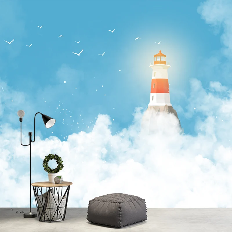 Maßgeschneiderte Illustration eines Cartoon-Wandbilds mit Muster „Leuchtturm, der zum bewölkten Himmel reicht“ Blau-Weiß C...