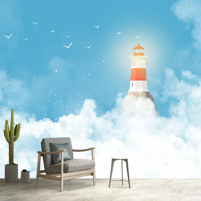 Maßgeschneiderte Illustration eines Cartoon-Wandbilds mit Muster „Leuchtturm, der zum bewölkten Himmel reicht“ Blau-Weiß C...