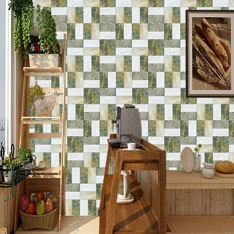 Marmor-Patchwork-Tapetenpaneele, grün-weiß, moderne Wandkunst für Wohnzimmer, zum Aufkleben Clearhalo