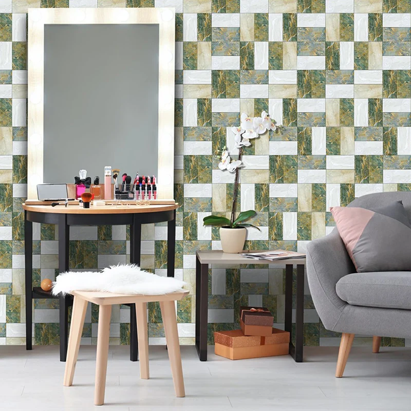 Marmor-Patchwork-Tapetenpaneele, grün-weiß, moderne Wandkunst für Wohnzimmer, zum Aufkleben Clearhalo