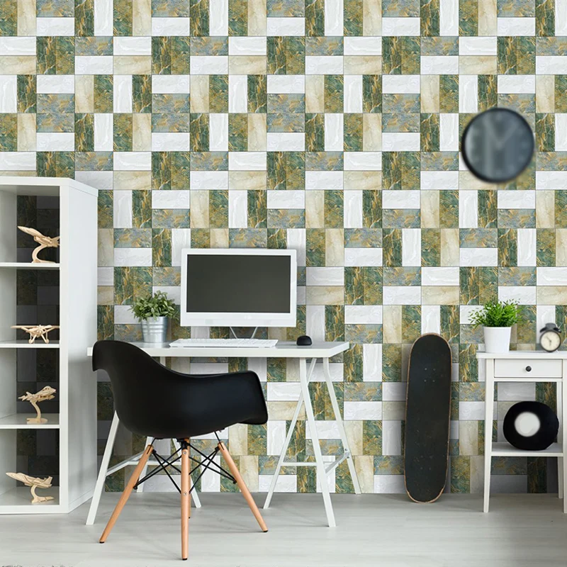 Marmor-Patchwork-Tapetenpaneele, grün-weiß, moderne Wandkunst für Wohnzimmer, zum Aufkleben Clearhalo