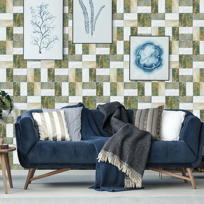 Marmor-Patchwork-Tapetenpaneele, grün-weiß, moderne Wandkunst für Wohnzimmer, zum Aufkleben Clearhalo