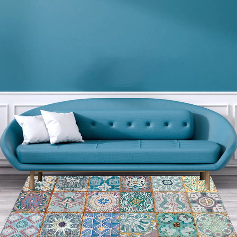 Marokkanischer Teppich mit quadratischem Blumenmuster, bunter Polyester-Teppich, maschinenwaschbarer, rutschfester Teppich...