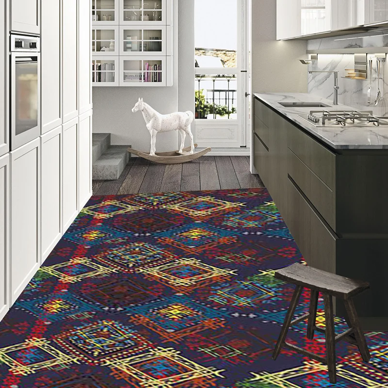 Marokkanischer Teppich mit quadratischem Linienmuster Blau, Polyester-Teppich, maschinenwaschbarer, rutschfester Teppich f...
