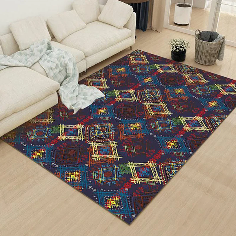 Marokkanischer Teppich mit quadratischem Linienmuster Blau, Polyester-Teppich, maschinenwaschbarer, rutschfester Teppich f...
