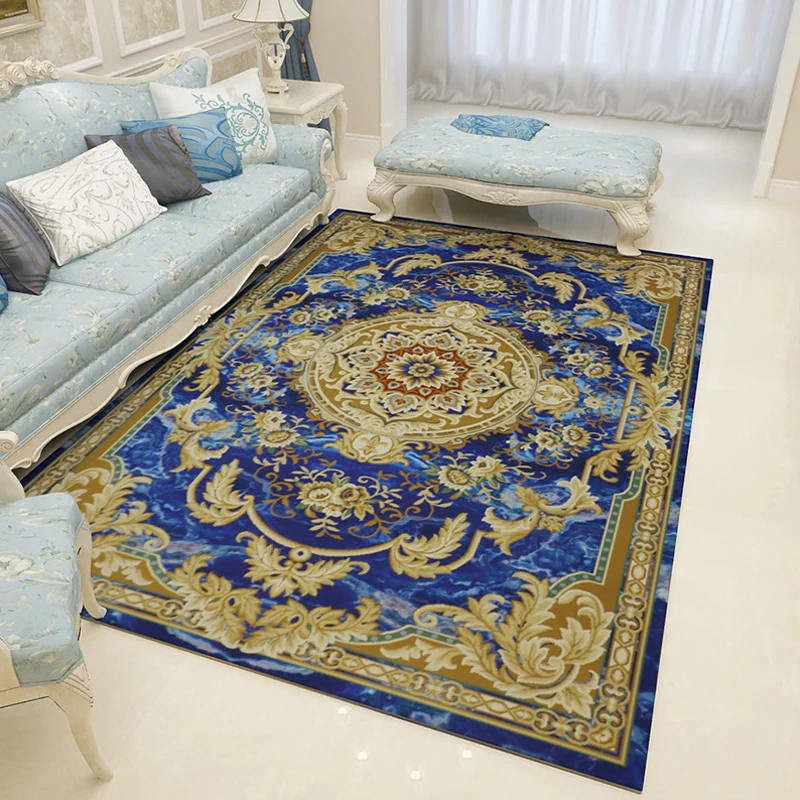 Marokkanischer Wohnzimmerteppich Blau und Braun, Medaillon-Blumenmotiv-Druck, Teppich aus Polyester, haustierfreundlich Cl...