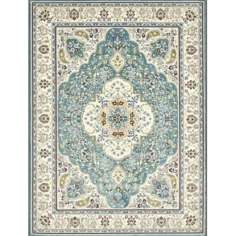 Marokkanischer Wohnzimmerteppich blaugrünem Medaillon-Blumenmuster, rutschfester, schmutzabweisender Teppich aus Polyester...