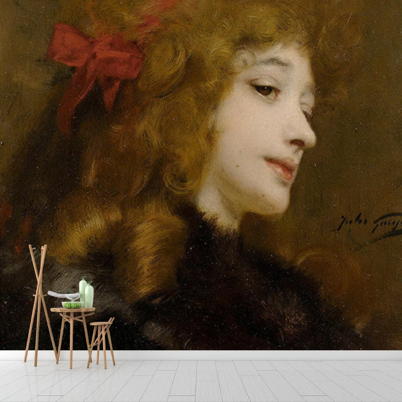 Mädchen mit Schleife, Wandgemälde, braun, klassische Wandkunst für die Schlafzimmerdekoration Clearhalo