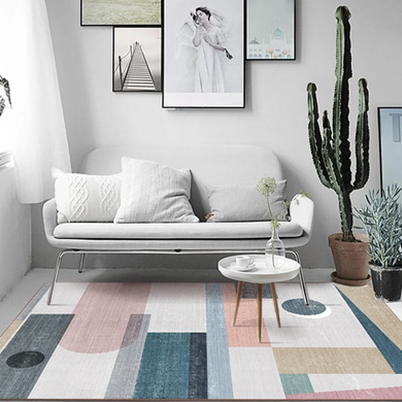 Mehrfarbiger, geometrischer Colorblock-Teppich aus Polyester, moderner Teppich, waschbarer Teppich mit rutschfester Rückse...