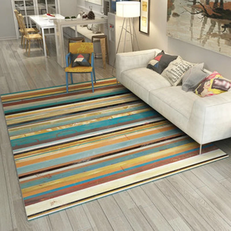 Mehrfarbiger Schlafzimmerteppich mit Streifenmuster, waschbarer Teppich aus Polyester Clearhalo