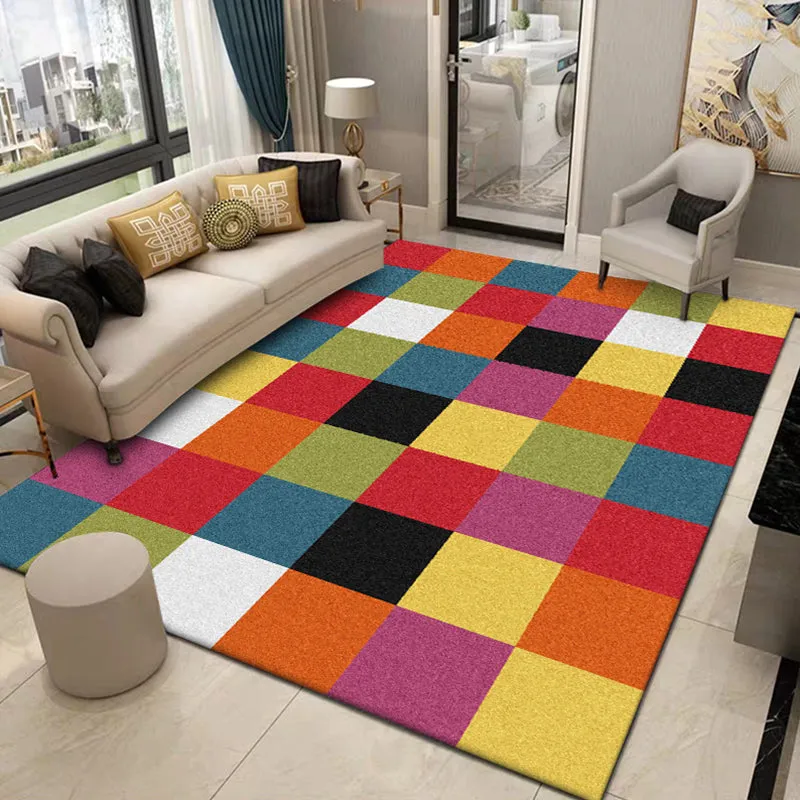 Mehrfarbiger Schlafzimmerteppich, moderner Teppich mit Karomuster, Polyester, haustierfreundlich, rutschfester Teppich Cle...