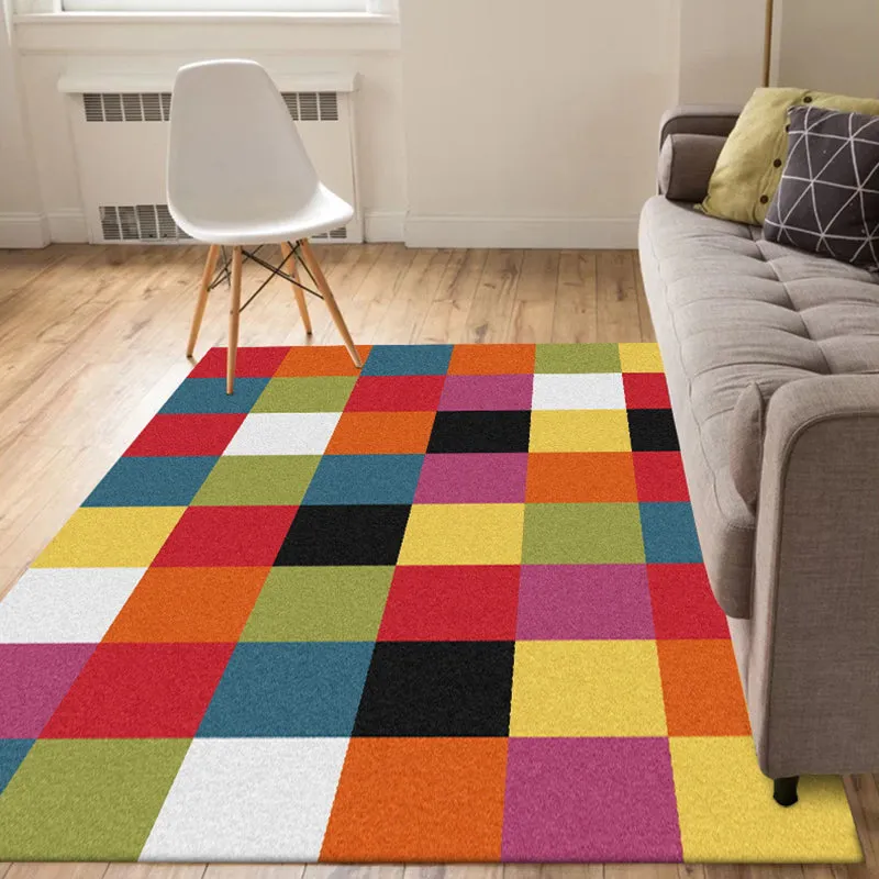 Mehrfarbiger Schlafzimmerteppich, moderner Teppich mit Karomuster, Polyester, haustierfreundlich, rutschfester Teppich Cle...