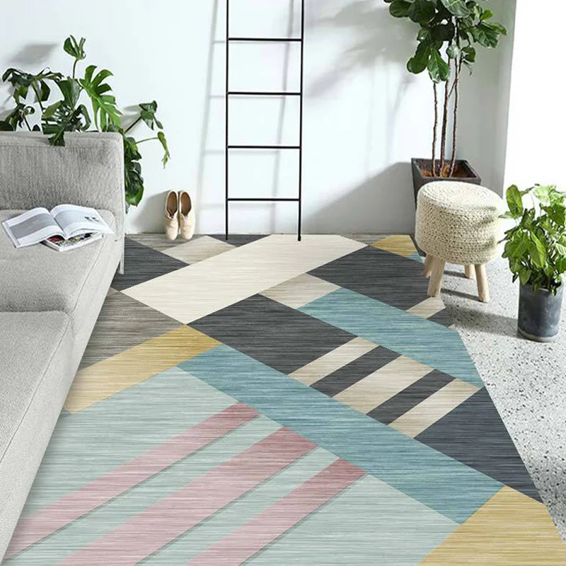 Mehrfarbiger Wohnzimmerteppich, zeitgenössischer Teppich mit geometrischem Muster, Polyester, waschbar, rutschfeste Unters...