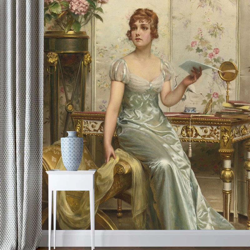 Mid-Century Elegant Lady Wanddekoration für Schlafzimmer, Wandaufkleber individueller Größe Blau und Braun Clearhalo