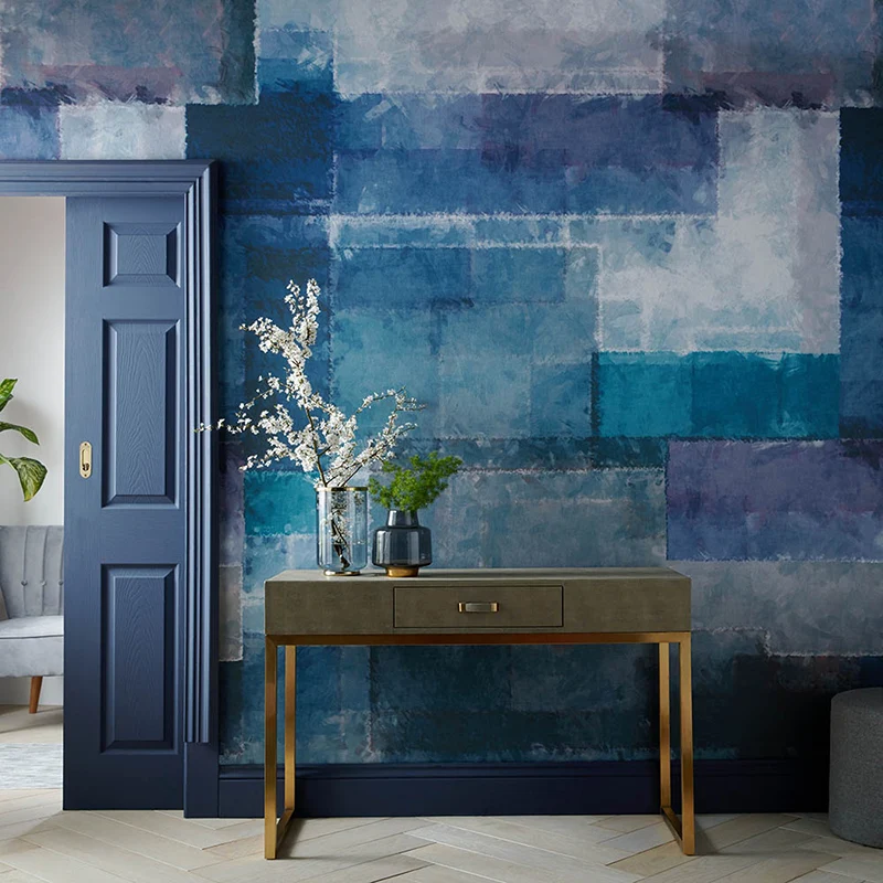 Mid-Century-Fliesengemälde, blaue, feuchtigkeitsbeständige Wandverkleidung für das Wohnzimmer Clearhalo