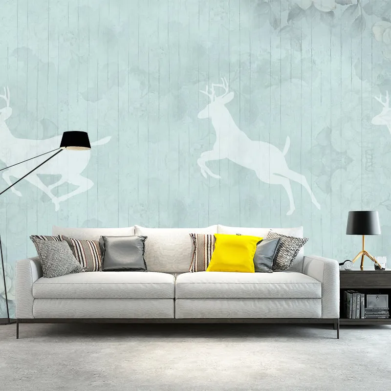 Minimalistische Tapete mit Hirsch-Silhouette-Wandbildern, grau-blauer Blumendruck, Wandverkleidung Clearhalo