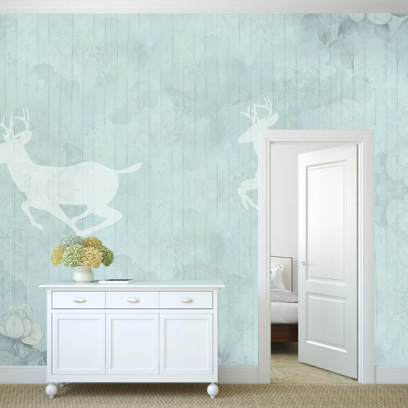 Minimalistische Tapete mit Hirsch-Silhouette-Wandbildern, grau-blauer Blumendruck, Wandverkleidung Clearhalo