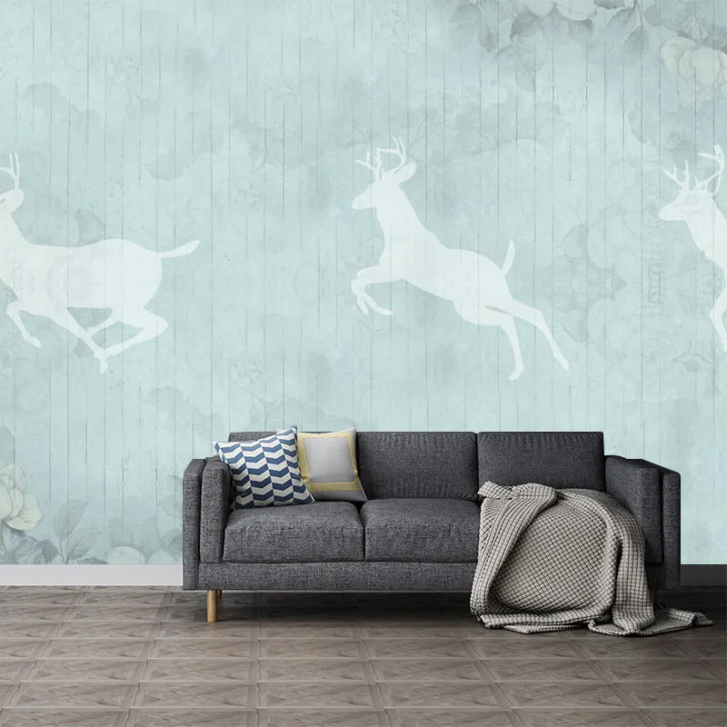 Minimalistische Tapete mit Hirsch-Silhouette-Wandbildern, grau-blauer Blumendruck, Wandverkleidung Clearhalo