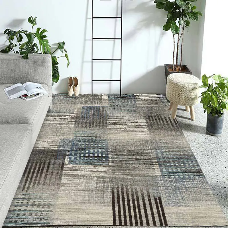 Minimalistischer moderner Teppich Braun mit abstraktem Streifendruck, waschbarer Teppich aus Polyester für das Wohnzimmer...
