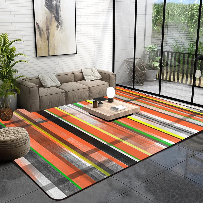 Minimalistischer moderner Teppich Orange und Blau mit abstraktem Streifenmuster, waschbarer Teppich aus Polyester für die...