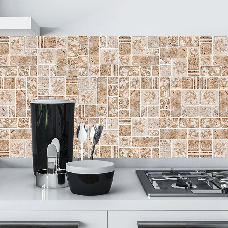 Moderne florale Marmor-Tapetenpaneele, braune griechische Fliesen, selbstklebende Wandkunst für die Küche Clearhalo