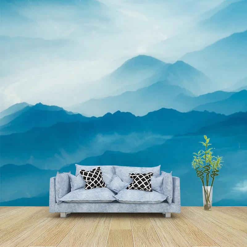 Moderne Landschaftstapete, Blauer Smoggy-Berg mit geschwungenem Fluss Clearhalo