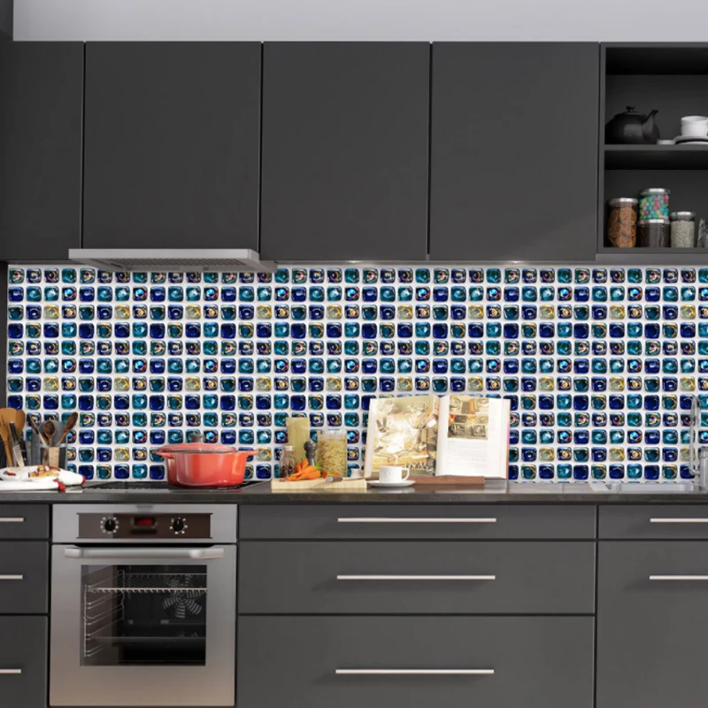 Moderne selbstklebende Wanddekoration mit Fliesenmuster, blauer Mosaikeffekt für die Küche, 10 Stück Clearhalo