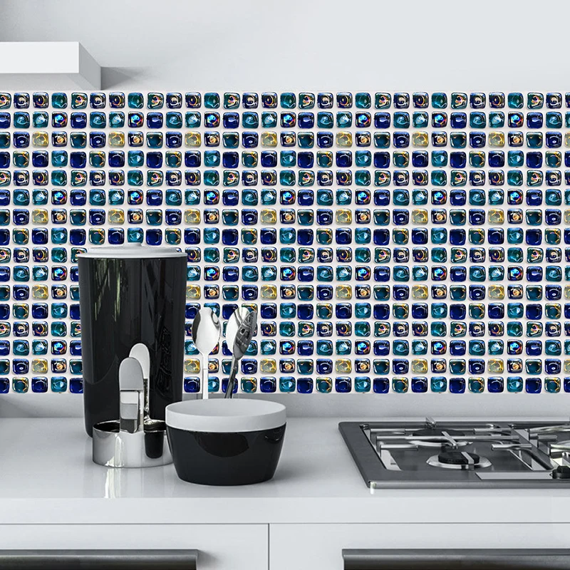 Moderne selbstklebende Wanddekoration mit Fliesenmuster, blauer Mosaikeffekt für die Küche, 10 Stück Clearhalo