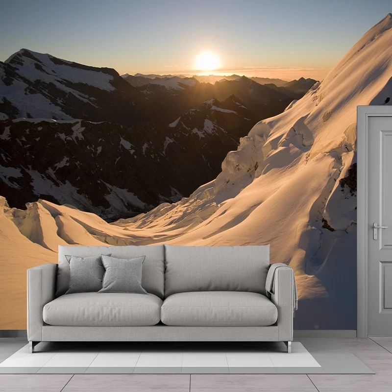 Moderne Tapete aus Vliesstoff mit Schneeberg-Sonnenuntergang-Motiv Weiß-Braun Clearhalo