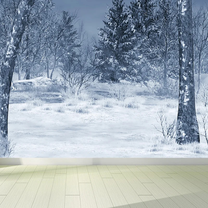 Moderne verschneite Kiefern-Tapete, weiße Wandverkleidung mit botanischen Winterlandschaften Clearhalo