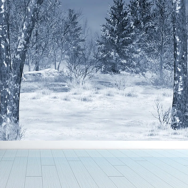 Moderne verschneite Kiefern-Tapete, weiße Wandverkleidung mit botanischen Winterlandschaften Clearhalo