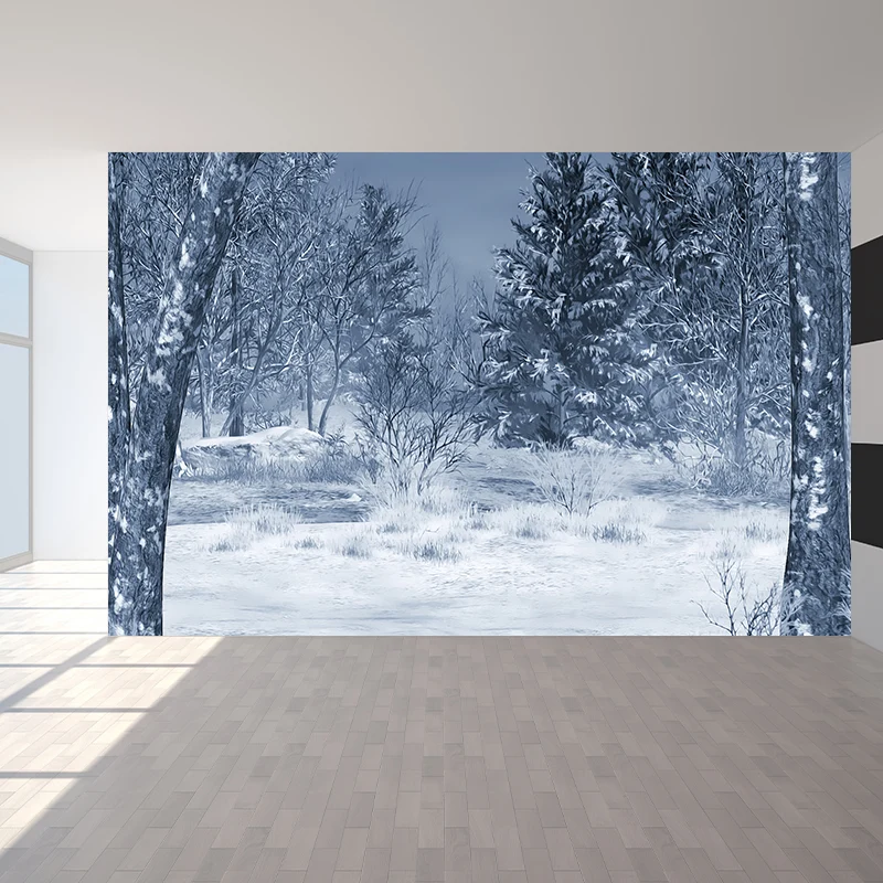 Moderne verschneite Kiefern-Tapete, weiße Wandverkleidung mit botanischen Winterlandschaften Clearhalo