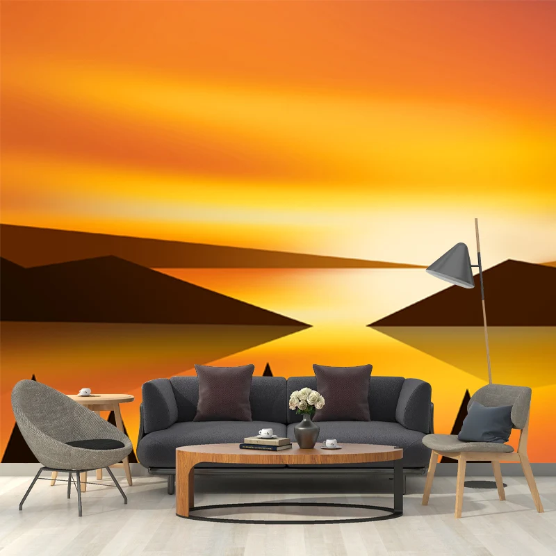Moderne Wandtapete aus Vliesstoff mit Sonnenuntergang und Berglandschaft Gelb-Schwarz Clearhalo
