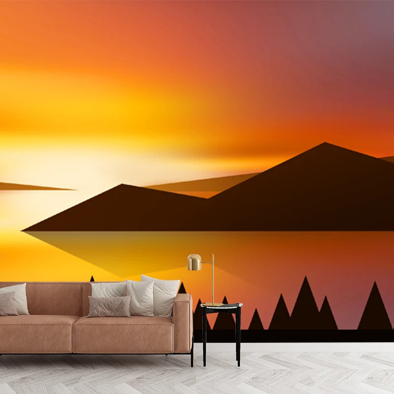 Moderne Wandtapete aus Vliesstoff mit Sonnenuntergang und Berglandschaft Gelb-Schwarz Clearhalo
