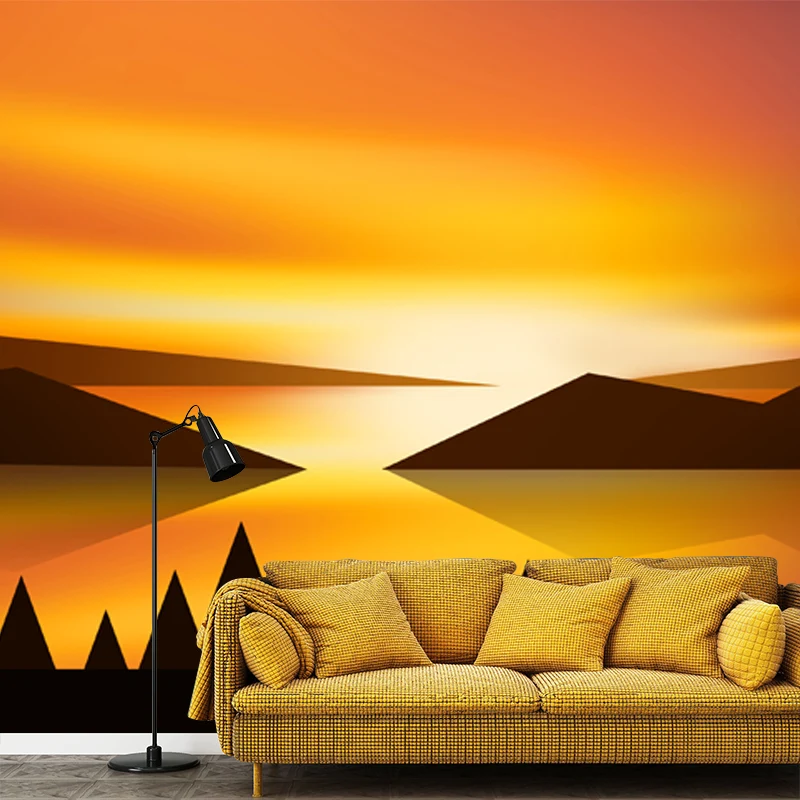 Moderne Wandtapete aus Vliesstoff mit Sonnenuntergang und Berglandschaft Gelb-Schwarz Clearhalo