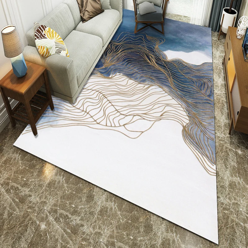 Moderner Polyester-Teppich mit blauer Tuschemalerei, maschinenwaschbarer Teppich für das Wohnzimmer Clearhalo