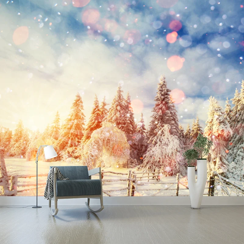 Moderner Wandaufkleber voller Größe, braune Schneeszene mit Morgensonnenlicht-Wandverkleidung, maßgeschneidert Clearhalo