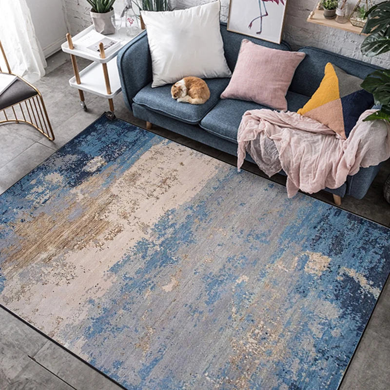 Moderner Wohnzimmerteppich Blau mit abstraktem Ölgemälde-Druck, Polyester, haustierfreundlich, waschbar Clearhalo