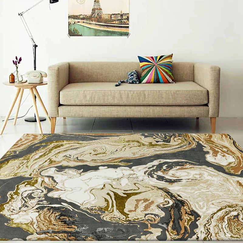 Moderner Wohnzimmerteppich Gold mit abstraktem Ölgemälde-Druck, waschbarer, schmutzabweisender Teppich aus Polyester Clear...